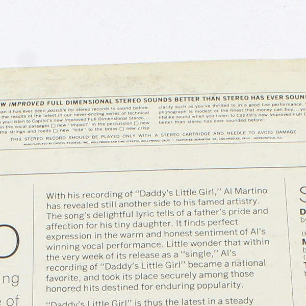 Al Martino Daddy's Little Girl Vinyl LP Record Capitol ST 2733 - Pre-Owned