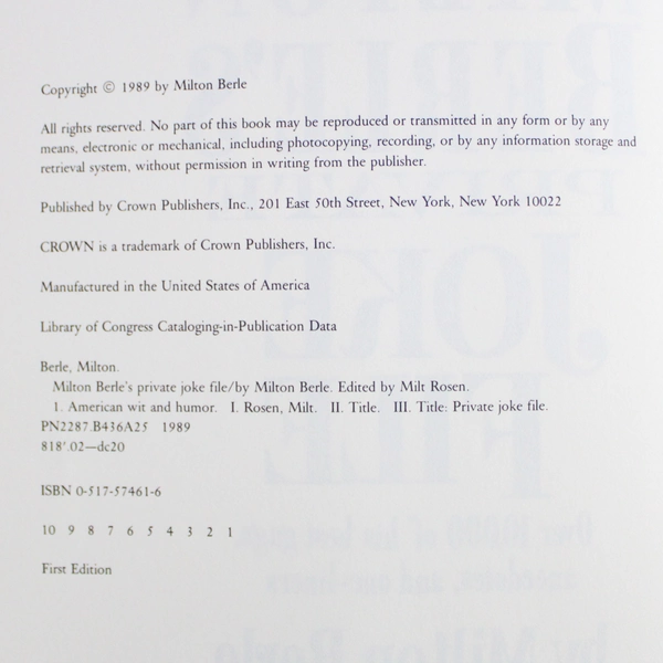 Milton Berle's Private Joke File by Milton Berle 1989 HC Dust Jacket 1st Edition