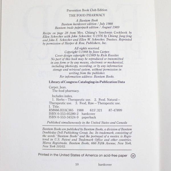 The Food Pharmacy Jean Carper 1989 Bantam Books Hardcover