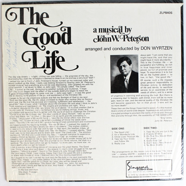 The Good Life A Musical By John W. Peterson Conducted by Don Wyrtzen Vinyl 1972