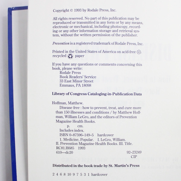 Disease Free by Matthew Hoffman And William LeGro 1993 Hardcover