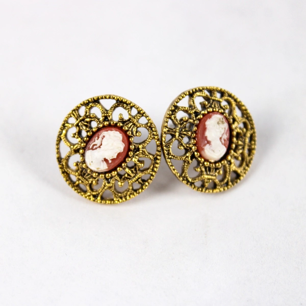 Vintage Women's Stud Earrings Victorian Cameo Gold-Toned Costume Jewelry Pair
