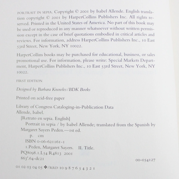 Portrait In Sepia by Isabel Allende 2001 HC DJ Translated From Spanish 1st Ed