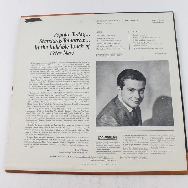 Peter Nero Songs You Won't Forget Vinyl LP 1964 RCA Victor LPM2935