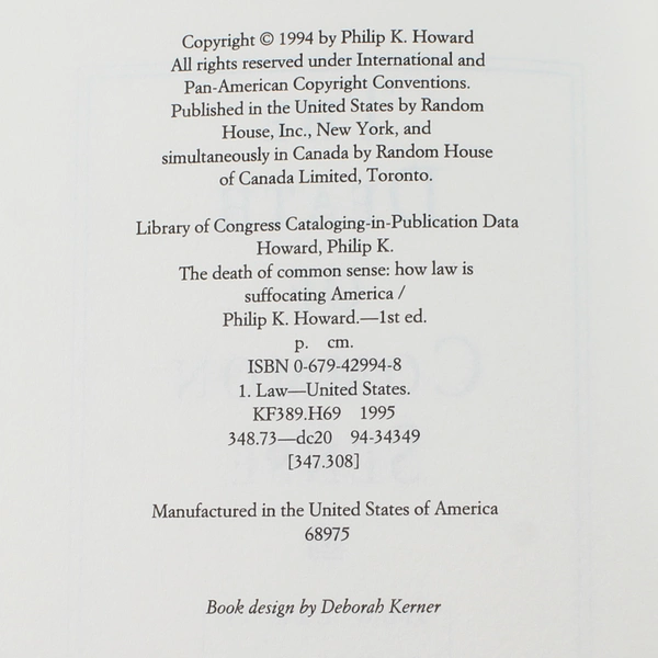 The Death of Common Sense by Philip K. Howard 1995 Hardcover Book Good Condition