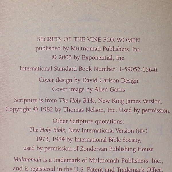 Secrets of the Vine for Women Breaking Through to Abundance Wilkinson 2003 PB
