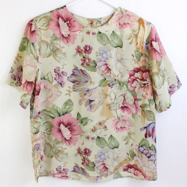 Alfred Dunner Floral Pink/Green Blouse w/ Shoulder Pads Women's Petite 10