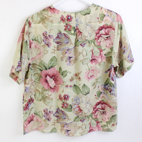 Alfred Dunner Floral Pink/Green Blouse w/ Shoulder Pads Women's Petite 10