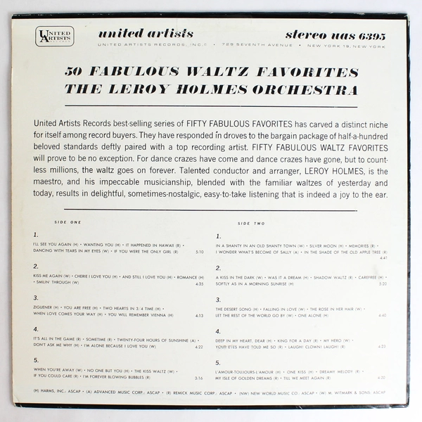 LeRoy Holmes 50 Fabulous Waltz Favorites Vinyl Records By United Artists Records
