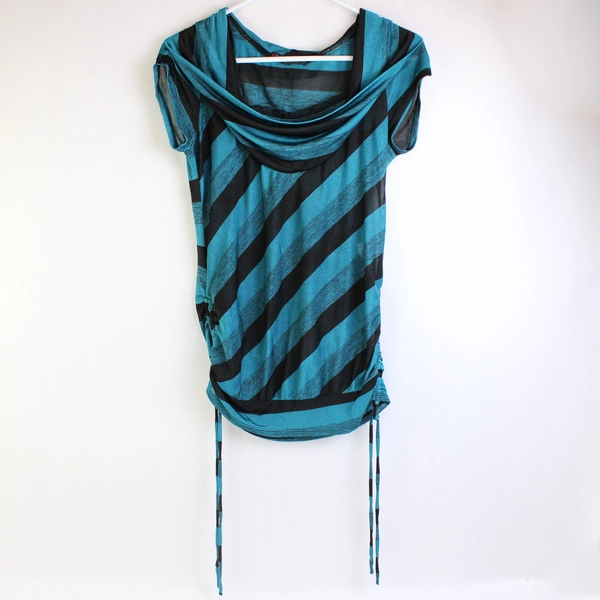 Heartsoul Blue Black Striped T-Shirt Short Sleeve Cowl Neck Women's Size Large