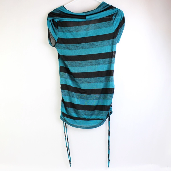 Heartsoul Blue Black Striped T-Shirt Short Sleeve Cowl Neck Women's Size Large