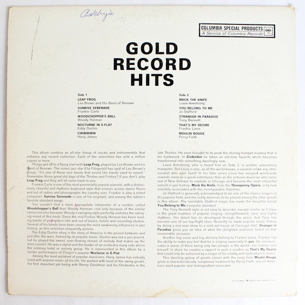 Gold Record Hits By Various Artists Columbia Special Products Jazz and Pop Music