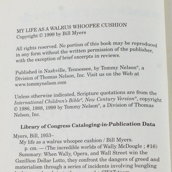 My Life As A Walrus Whoopee Cushion by Bill Myers 1999 Paperback Book