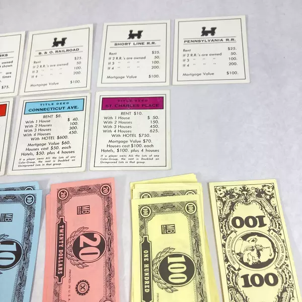 Monopoly Replacement Parts Money 4 Railroad 2 Utilities And 3 Property Cards 