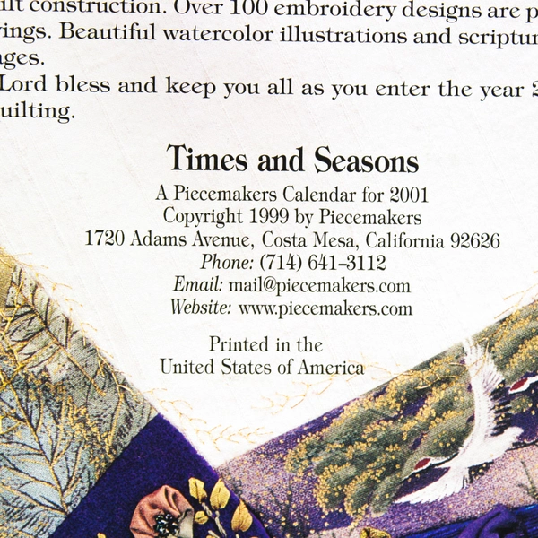 Vintage Piecemakers Times & Seasons Calendar and Quilt Book For 2001
