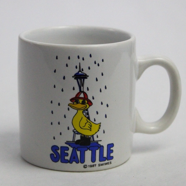 Seattle Mini Mug Souvenir Yellow Duck Rain Gear Space Needle 1987 Smiwes 2.5"