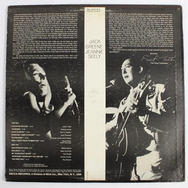 Jack Greene & Jeannie Seely Vinyl LP 1970 Decca Records Stereo