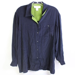 Maggie McNaughton Navy Blue and Green Silk Button-Up Shirt Women's 1X