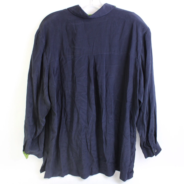 Maggie McNaughton Navy Blue and Green Silk Button-Up Shirt Women's 1X
