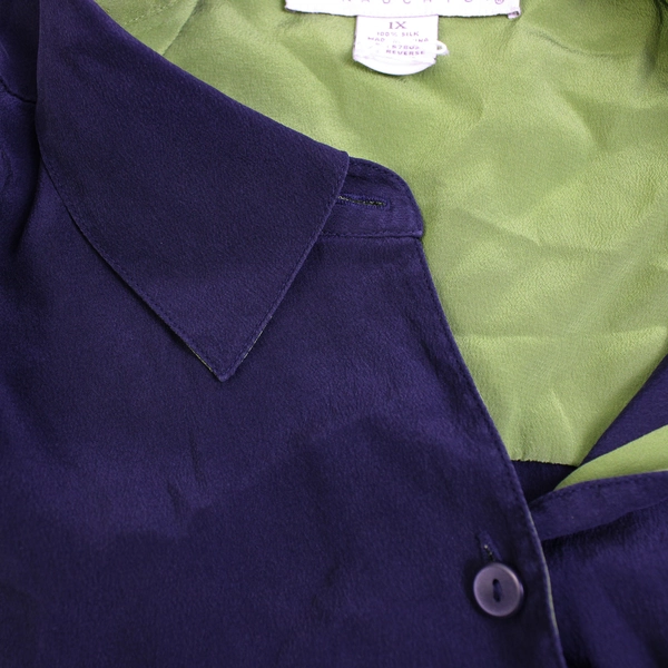 Maggie McNaughton Navy Blue and Green Silk Button-Up Shirt Women's 1X