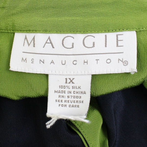 Maggie McNaughton Navy Blue and Green Silk Button-Up Shirt Women's 1X