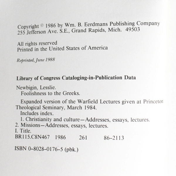 Foolishness To The Greeks by Lesslie Newbigin 1988 Paperback