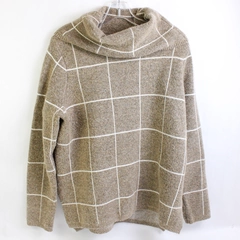 Evolution by Cyrus Taupe and White Grid Pattern Cowl Neck Sweater Women's XL