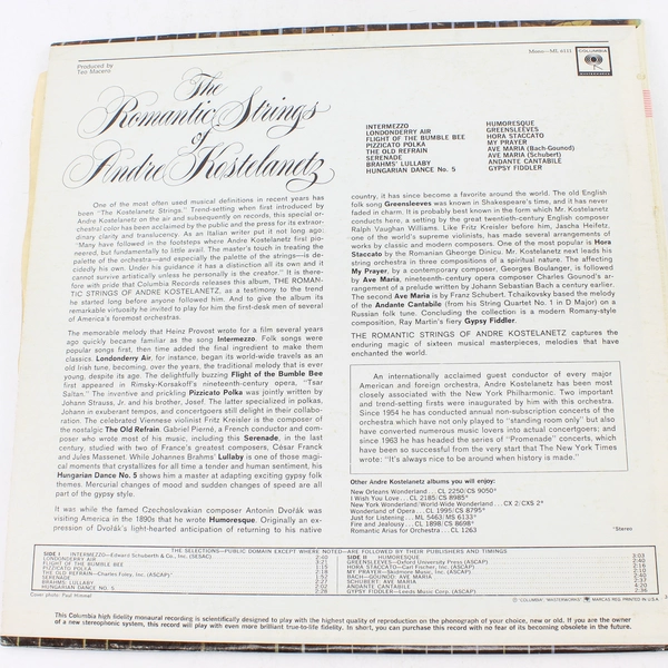 The Romantic Strings of Andre Kostelanetz LP Vinyl Record Columbia ML 6111