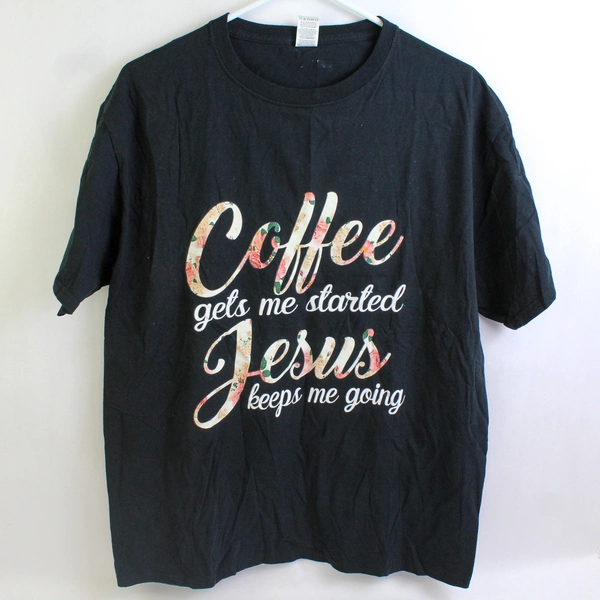 Fruit Of The Loom Coffee Gets Me Started Jesus Keeps Me Going Black T-Shirt Sz 