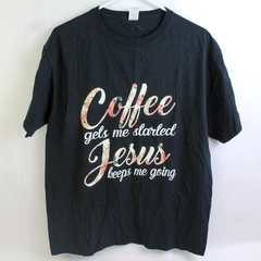 Fruit Of The Loom Coffee Gets Me Started Jesus Keeps Me Going Black T-Shirt Sz 