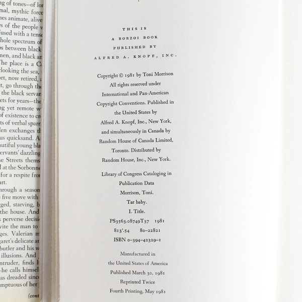 Tar Baby by Toni Morrison 1981, Knopf Doubleday Publishing Hardcover Dust Jacket