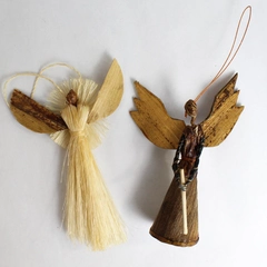 Lot of 2 Unique Straw Corn Husk Wood Angels Ornaments