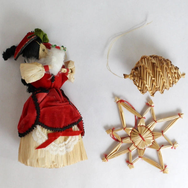 Lot of 3 Straw and Cornhusk Christmas Ornaments Victorian Caroler Star and Cone
