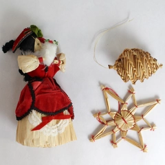 Lot of 3 Straw and Cornhusk Christmas Ornaments Victorian Caroler Star and Cone