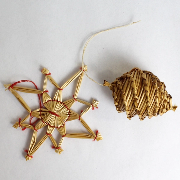 Lot of 3 Straw and Cornhusk Christmas Ornaments Victorian Caroler Star and Cone