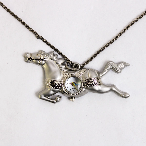 Running Horse Watch Pendant Necklace Silver Tone Not Working Needs Battery