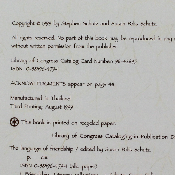 The Language of Friendship by Susan Polis Schutz 1999 Hardcover - Pre-owned