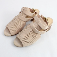 Bella-Vita Pale Pink Suede Leather Heels Peep Toe Open Back Size 8.5 Wide 