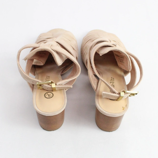 Bella-Vita Pale Pink Suede Leather Heels Peep Toe Open Back Size 8.5 Wide 