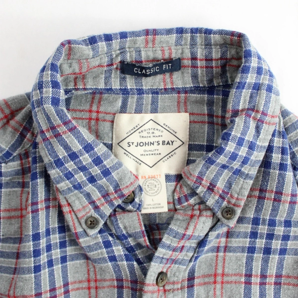 St. John's Bay Gray Red and Blue Legacy Flannel Button-Down Men's Large
