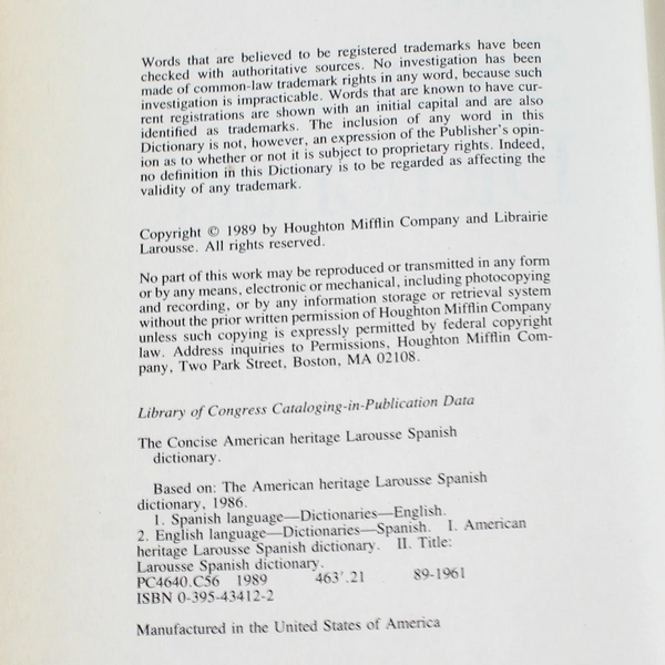 The Concise American Heritage English-Spanish Dictionary 1989 Hardcover