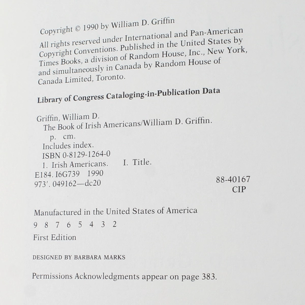 The Book of Irish Americans by William D. Griffin 1990 Paperback - Good