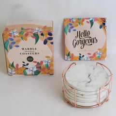 Blyss Decor Set of 6 Stone Absorbent Coasters with Rose Gold Stand, Marbled Gray