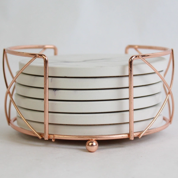 Blyss Decor Set of 6 Stone Absorbent Coasters with Rose Gold Stand, Marbled Gray