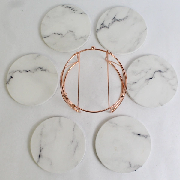 Blyss Decor Set of 6 Stone Absorbent Coasters with Rose Gold Stand, Marbled Gray