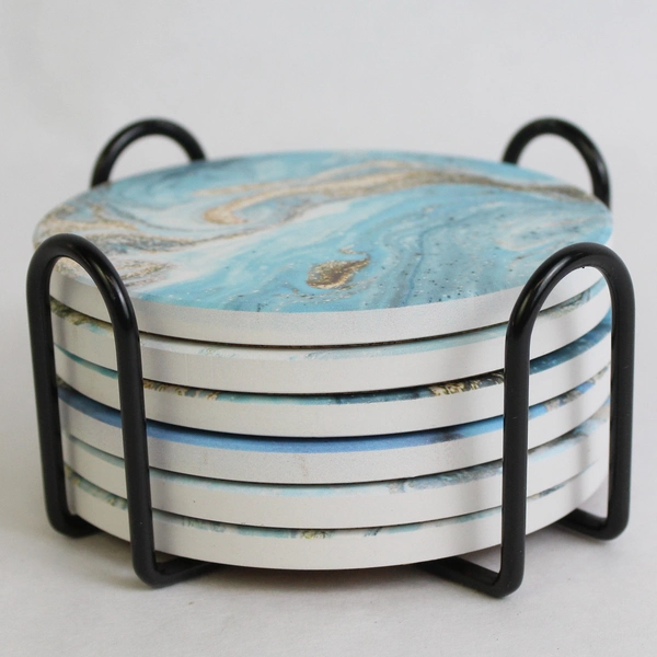 Zerain Desiff Set of 6 Stone Blue Marbled Coasters with Black Stand