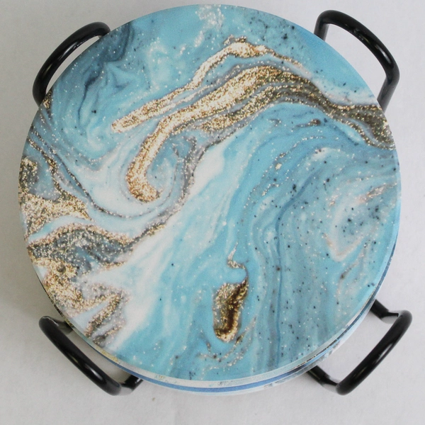 Zerain Desiff Set of 6 Stone Blue Marbled Coasters with Black Stand