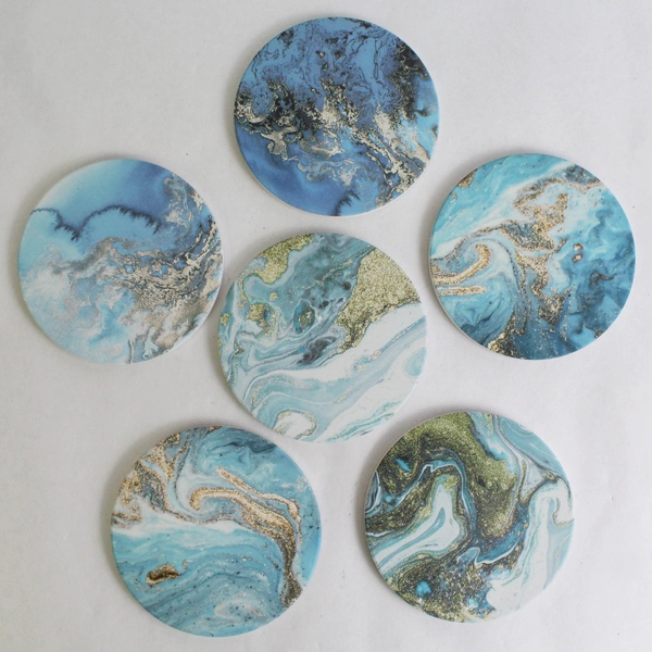 Zerain Desiff Set of 6 Stone Blue Marbled Coasters with Black Stand