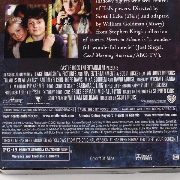 Hearts in Atlantis VHS 2001 Warner Bros Anthony Hopkins