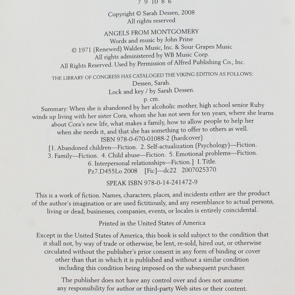 Lock and Key by Sarah Dessen 2009 Paperback Good Condition, Spine Wear